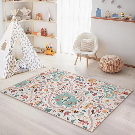 Colorful Adventure Road Map Kids Rug, Rectangular Play Mat for Children, Soft Nursery Decor, Fun Learning Area Rug
