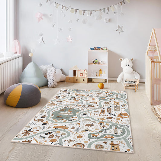 Whimsical Adventure Kids Play Rug, Colorful Road Map Rug for Children, Playroom Carpet, Soft Nursery Decor, Interactive Kids Mat