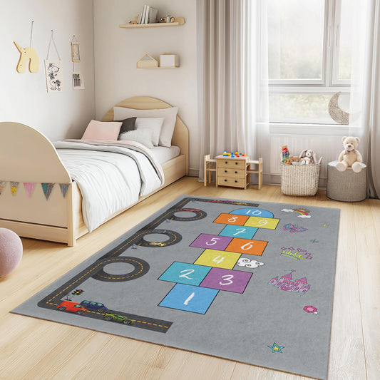 Colorful Road Map Kids Play Rug, Hopscotch Design Area Rug, Rectangle Play Mat for Children, Nursery Decor, Soft Playroom Carpet