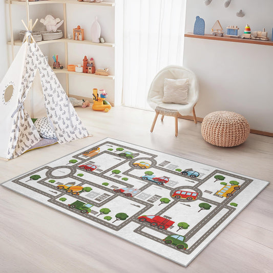 Colorful Road Map Kids Rug, Rectangular Play Rug for Kids Room, Interactive Toy Car Mat, Nursery Decor, Soft Educational Carpet