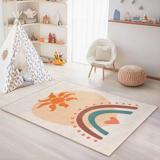 Sunshine Rainbow Pattern Kids Rectangular Rug, Colorful Playroom Carpet, Soft Nursery Mat, Toddler Room Decor, Kids Room Rug