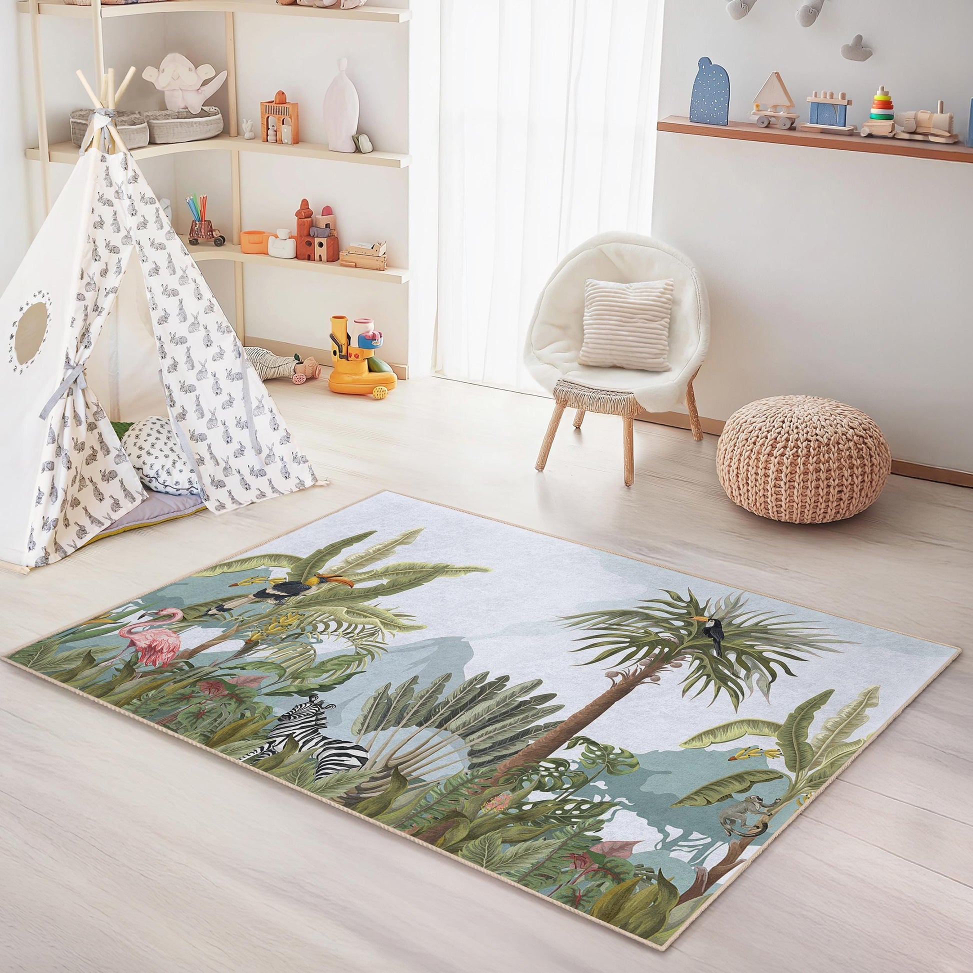 Tropical Jungle Adventure Kids Rug, Colorful Animal Play Mat, Rectangular Kids Room Rug, Nursery Decor, Jungle Themed Rug