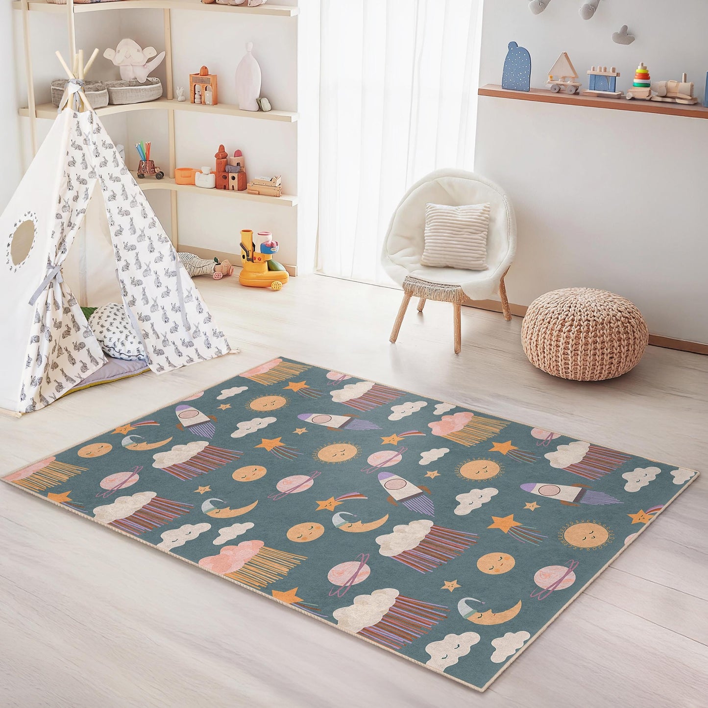 Playroom Carpet for Children,Whimsical Space Adventure Kids Rug, Rocket and Planet Rectangle Rug, Nursery Decor,