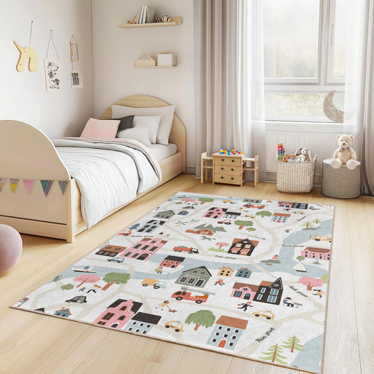 Fun Decor for Playroom or Nursery,Colorful Town Road Map Kids Rug, Rectangular Play Mat, Childrens Room Carpet,