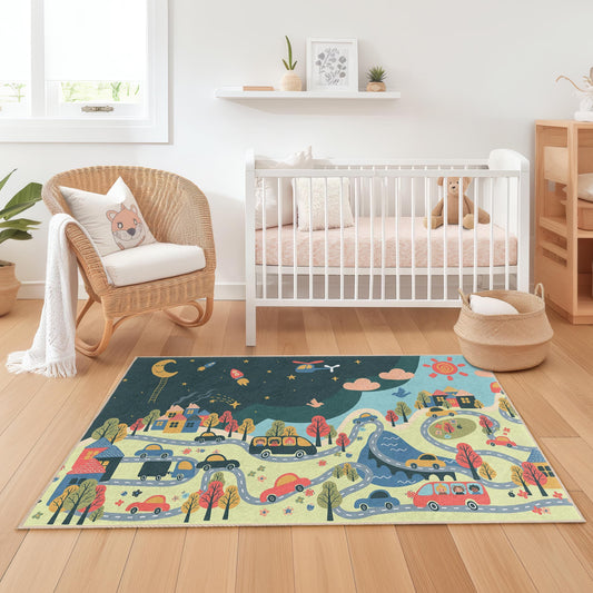 Rectangular Play Mat for Children's Room, Colorful Road Map Kids Rug, Interactive Area Rug, Nursery Decor, Playroom Carpet