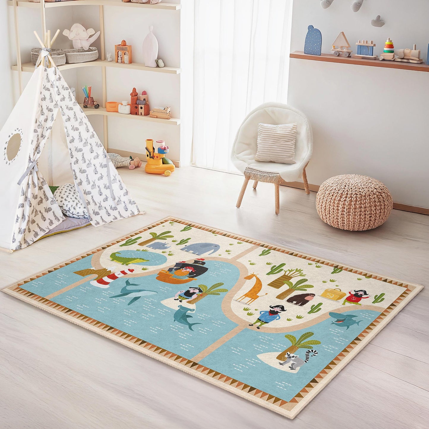 Adventure Island Kids Play Rug, Rectangular Kids Carpet, Playroom Decor, Safari Theme Rug, Soft Nursery Mat, Animal Adventure Rug