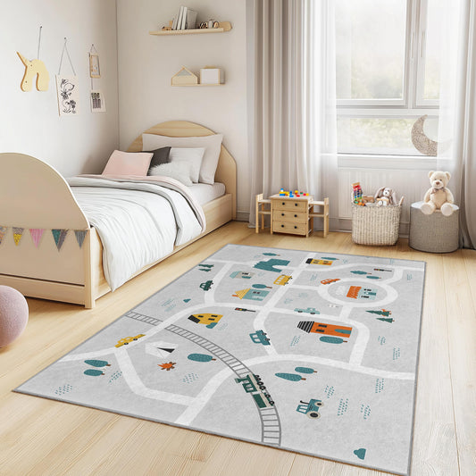Interactive Play Mat for Children, Colorful Road Map Kids Rug, Soft Rectangular Kids Carpet, Playroom Decor, Nursery Rug