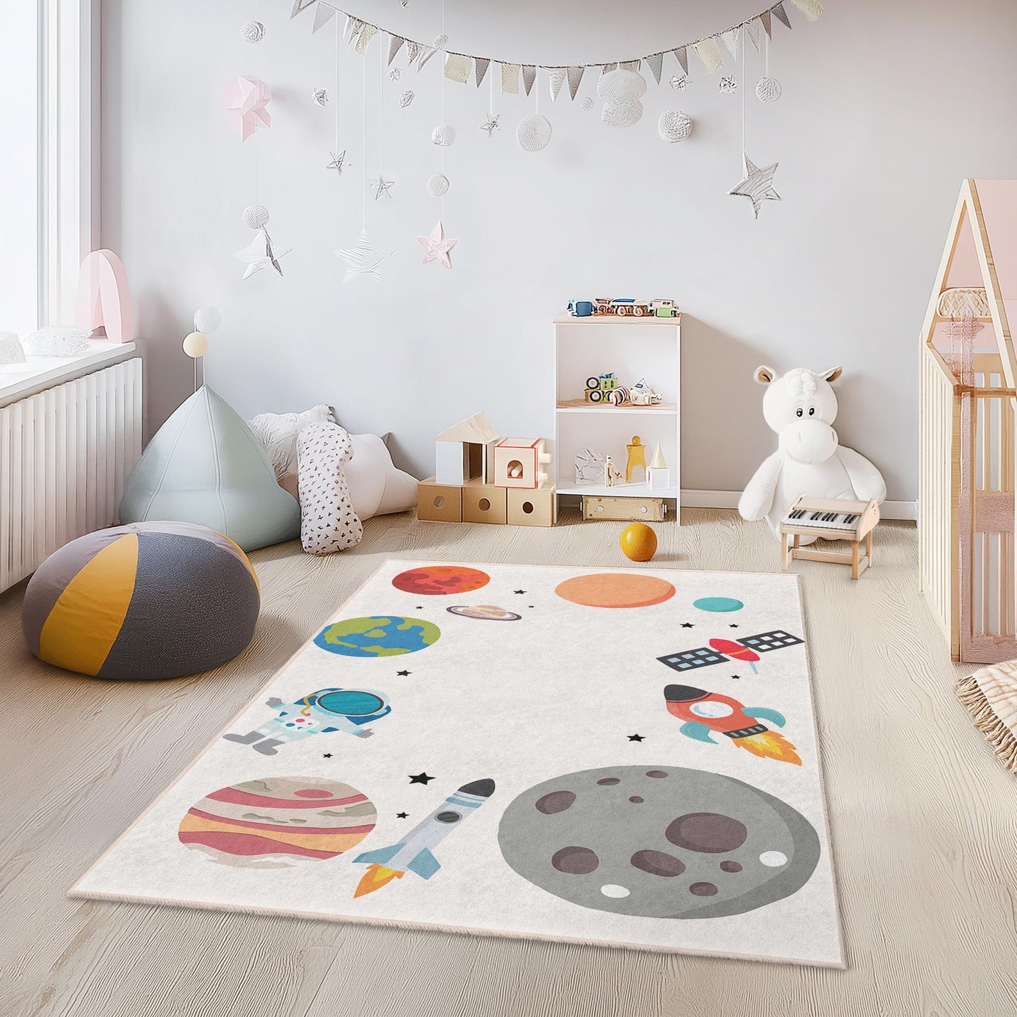 Cosmic Adventure Kids Rug, Space Theme Play Mat, Rectangle Kids Room Carpet, Astronaut Rug, Galaxy Decor for Children