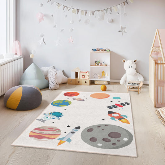 Cosmic Adventure Kids Rug, Space Theme Play Mat, Rectangle Kids Room Carpet, Astronaut Rug, Galaxy Decor for Children