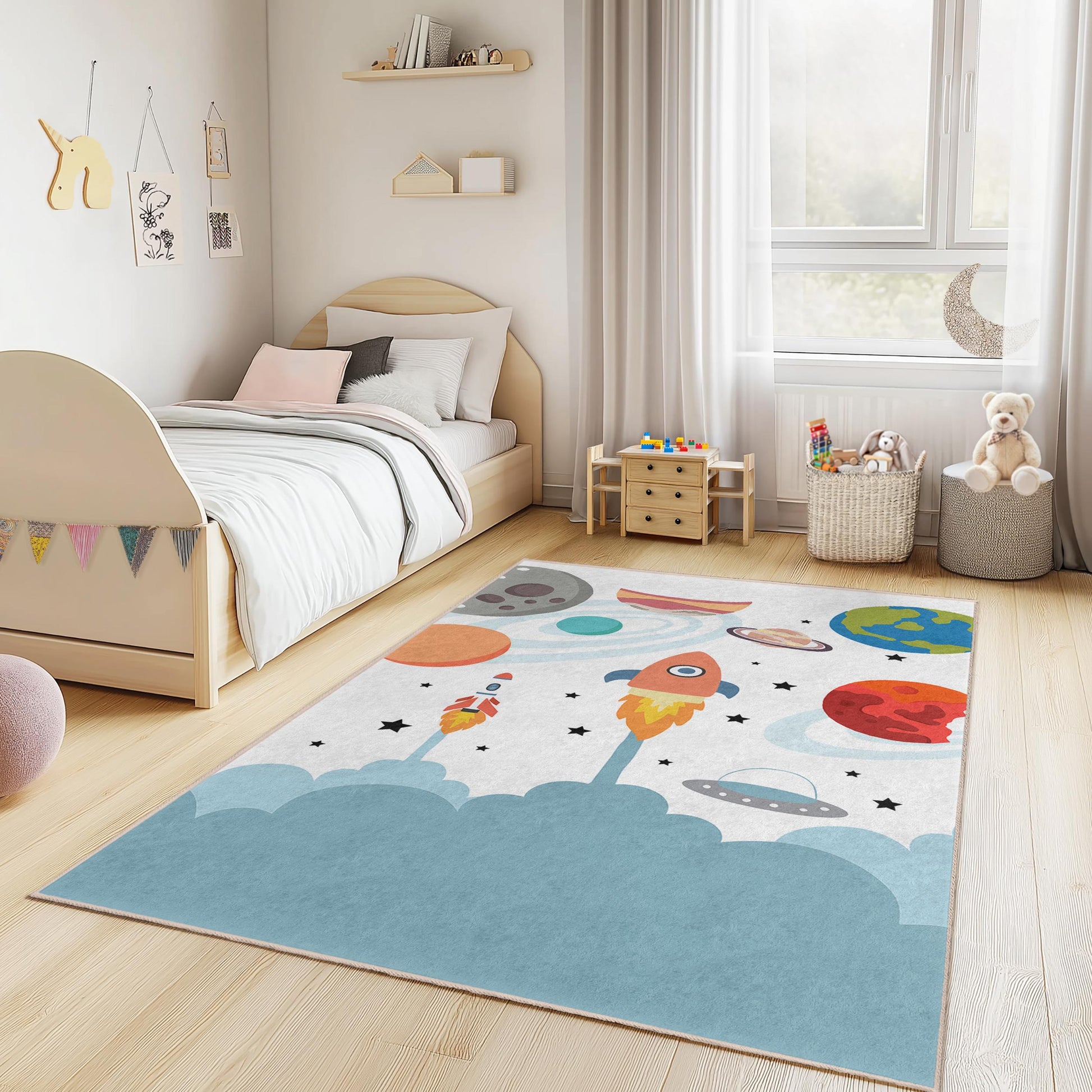 Space Adventure Kids Rug: Rocket & Planet Playroom Decor