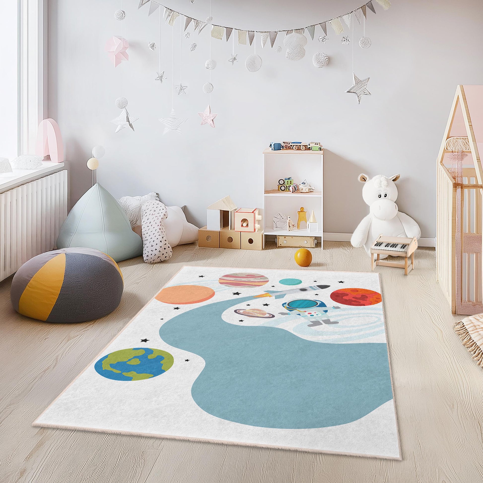 Space Adventure Kids Play Rug, Astronaut Carpet for Kids Room, Rectangular Play Mat, Galaxy Decor, Toddler Playroom Rug