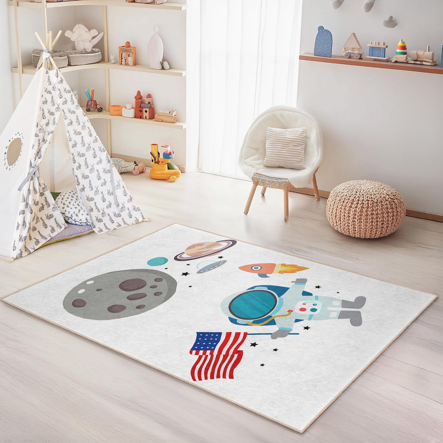 Galaxie-Deko, Astronauten-Weltraumabenteuer-Kinderteppich, rechteckige Spielmatte, Weltraum-Thementeppich fürs Kinderzimmer, Kinderzimmerteppich