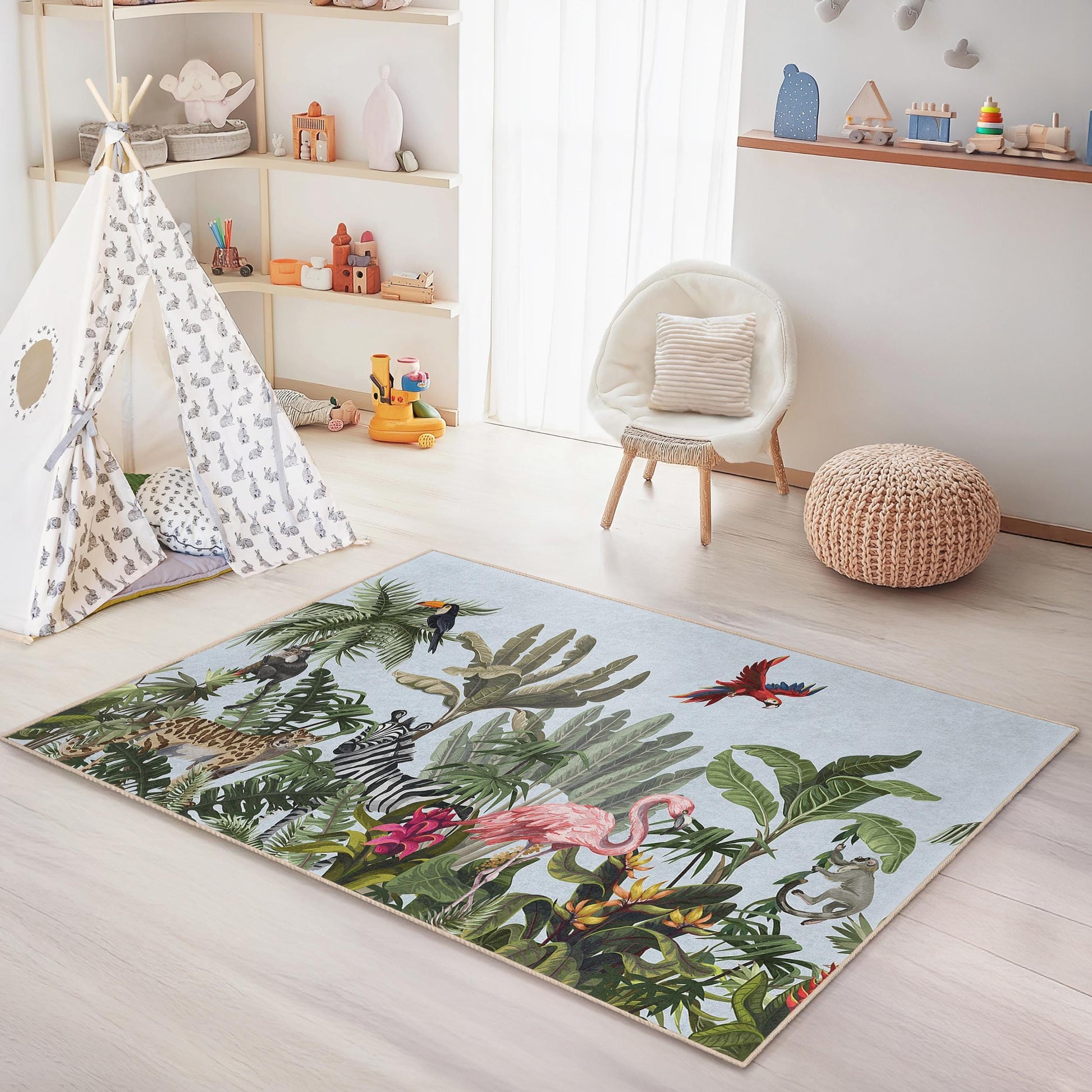 Tropical Paradise Kids Rug, Jungle Animal Play Mat, Rectangular Kids Room Carpet, Colorful Jungle Decor, Fun Kids Rug