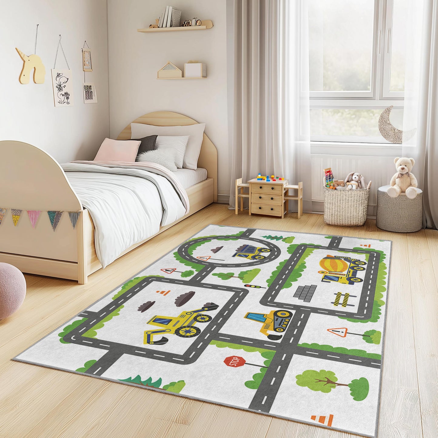 Rechteckiger Teppich mit LKW- und Fahrzeugmotiven, Baustellen-Spielteppich für Kinder, Spielzimmerteppich für Kinder, Kinderzimmerdekoration, weiche Spielmatte