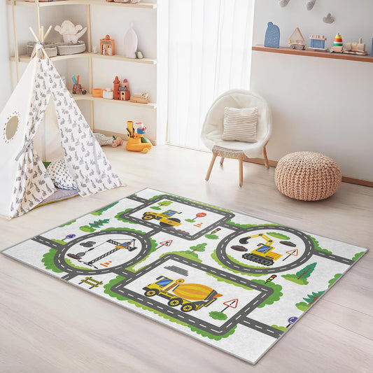 Construction Zone Kids Play Rug, Road Map Rug for Children, Interactive Play Mat for Kids Room, Rectangle Kids Carpet