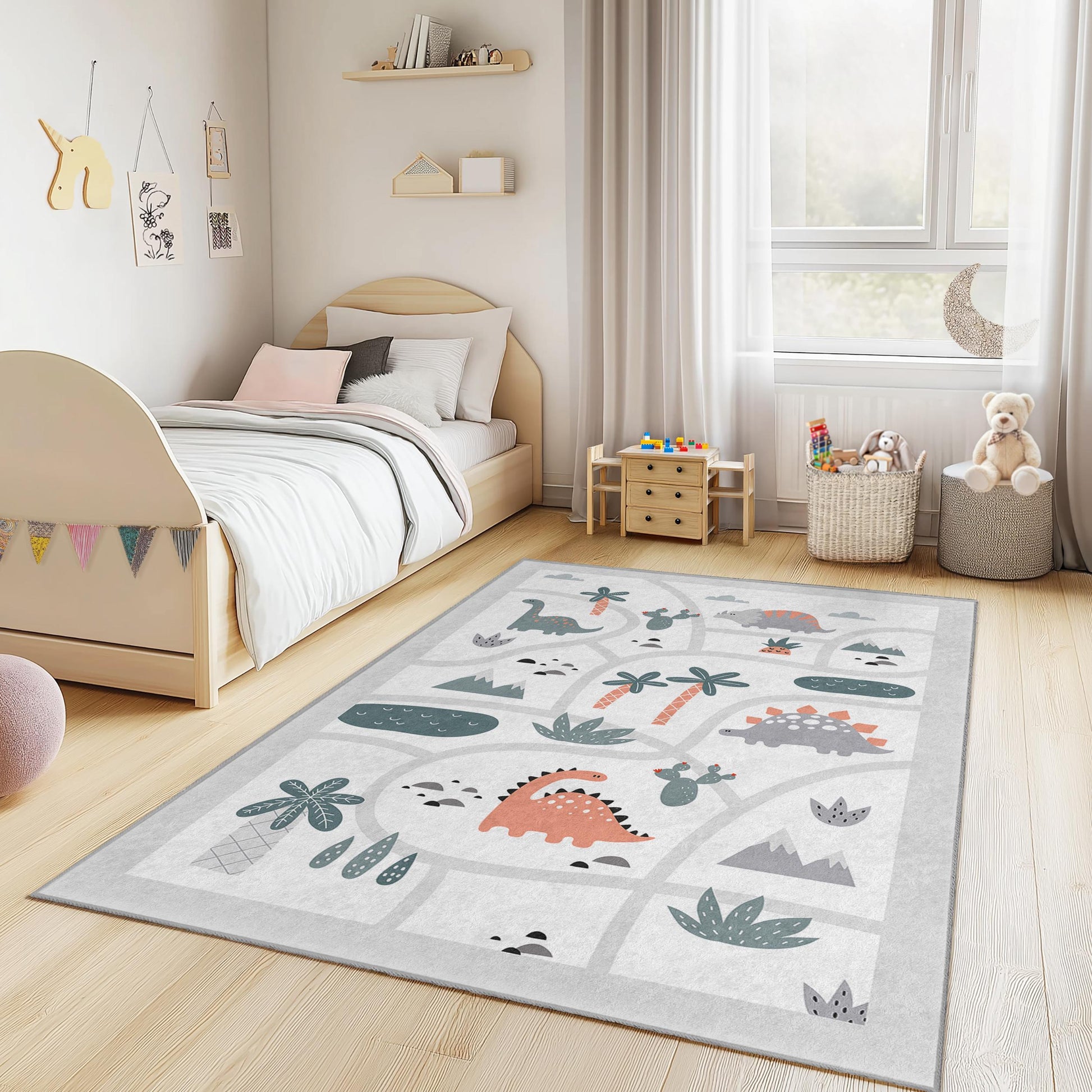Dinosaur Adventure Kids Play Rug, Interactive Dinosaur Kids Carpet, Rectangle Play Mat, Colorful Kids Room Decor, Soft Nursery Rug