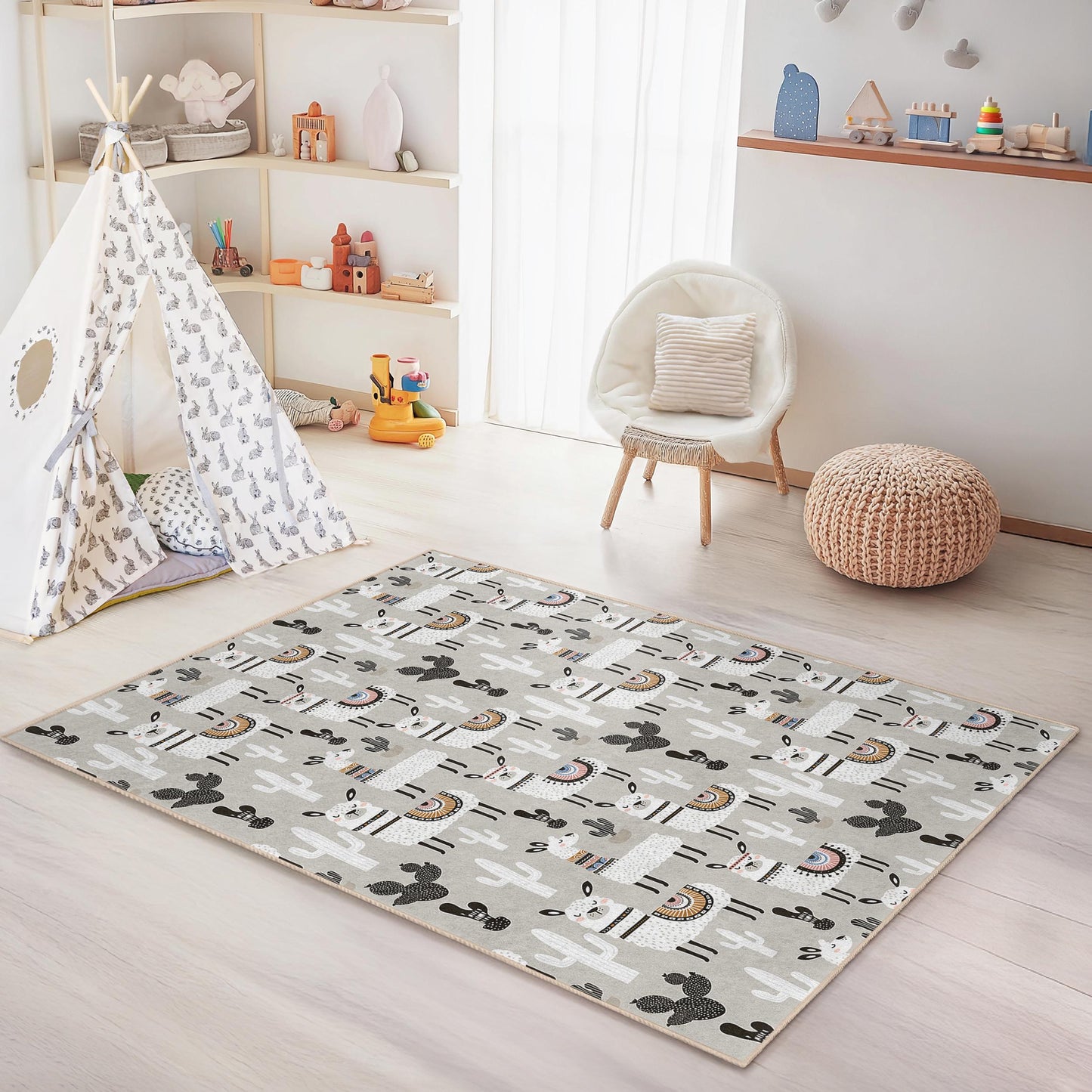 Lama-Abenteuer-Spielteppich für Kinder, niedliche rechteckige Lama-Spielmatte, Kinderzimmerteppich, Kinderzimmerdeko, lustiger Tierteppich für Kinder
