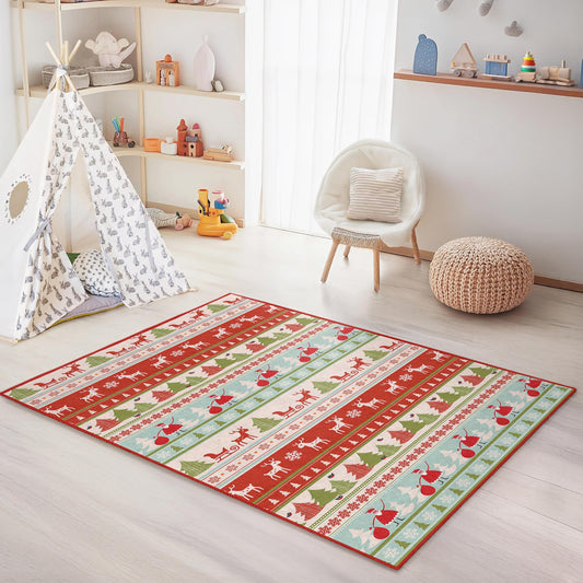 Festive Holiday Kids Rug, Rectangular Christmas Play Mat, Santa Reindeer Rug, Kids Room Decor, Christmas Tree Carpet