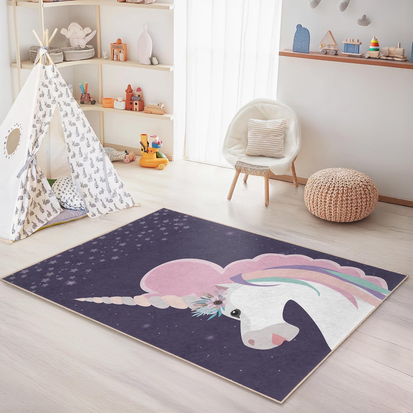 Magischer Einhorn-Kinderteppich, rechteckiger Einhorn-Teppich, Kinderzimmerdeko, Spielzimmerteppich, Fantasy-Teppich