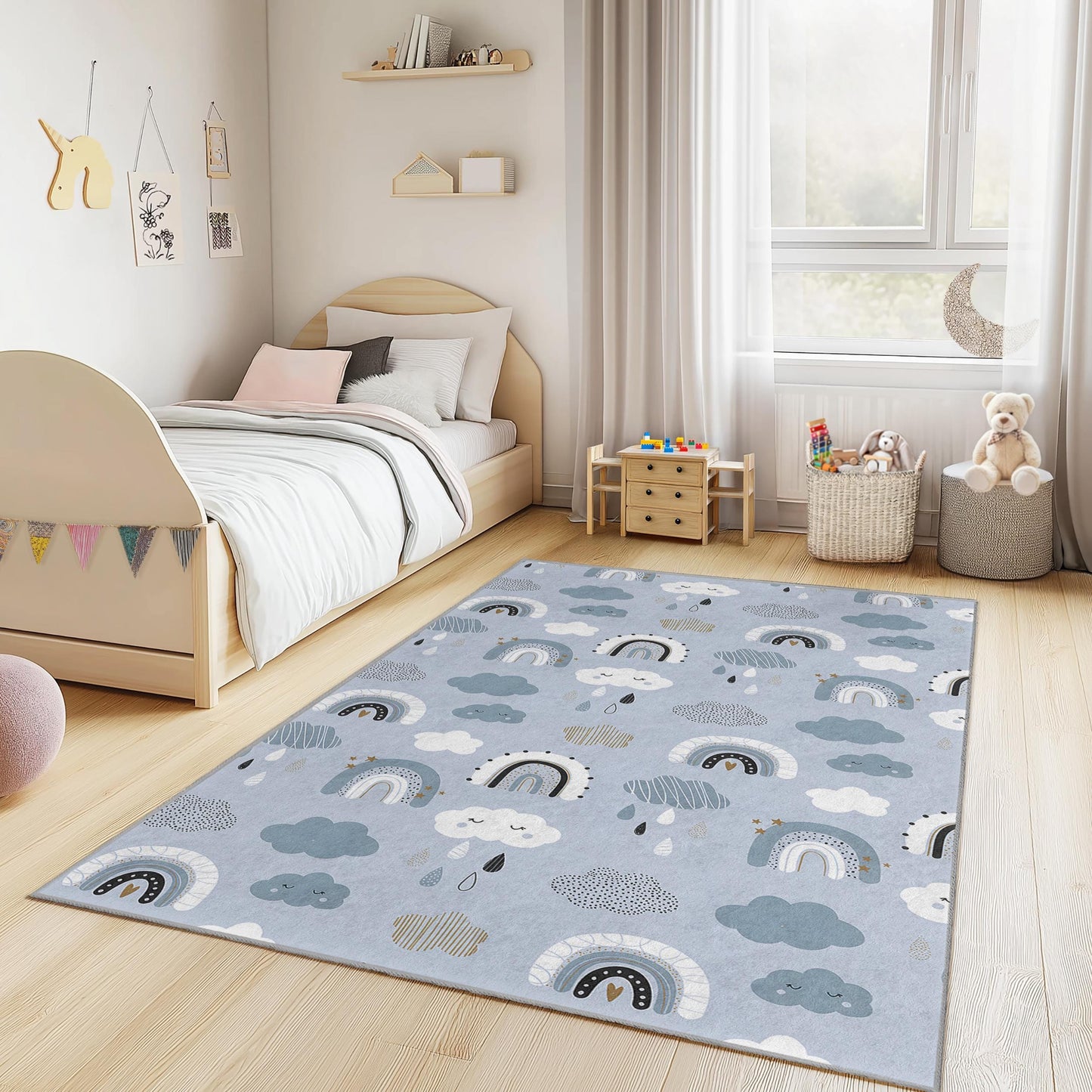 Cute Rainbow Pattern Rectangular Kids Rug, Soft Nursery Carpet, Playroom Decor, Clouds and Rainbows Rug, Adorable Kids Room Rug