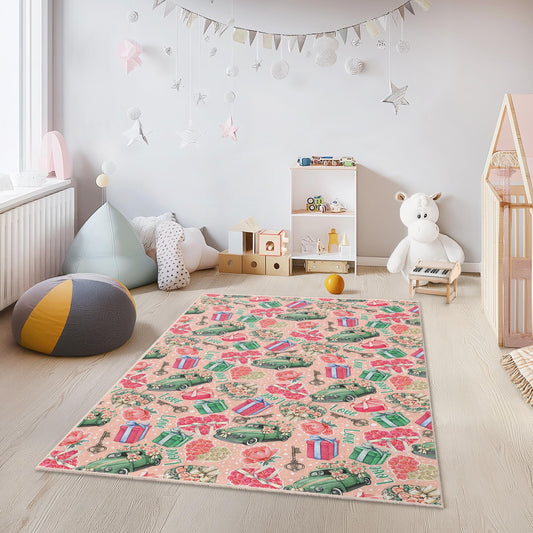 Vintage Floral Green Car Kids Rug, Retro Style Play Mat, Flower & Gift Pattern Rug, Rectangle Kids Room Carpet, Soft Nursery Decor
