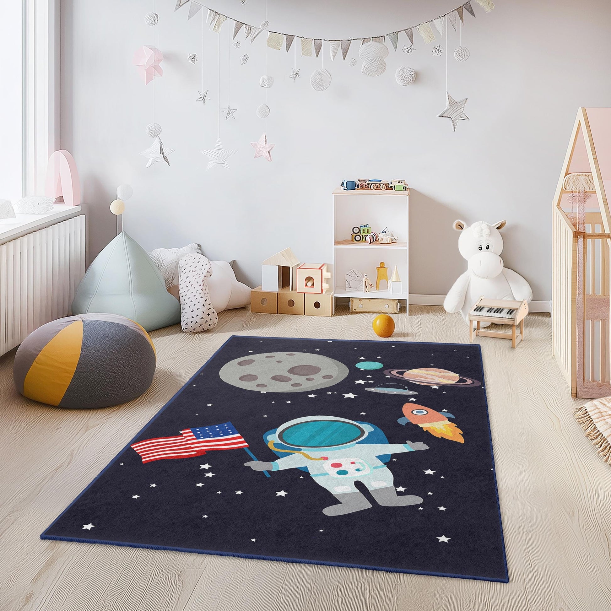 Astronaut Space Adventure Kids Rug, Outer Space Theme Rectangle Rug, Kids Room Carpet, Playroom Decor, Galaxy Rug for Children