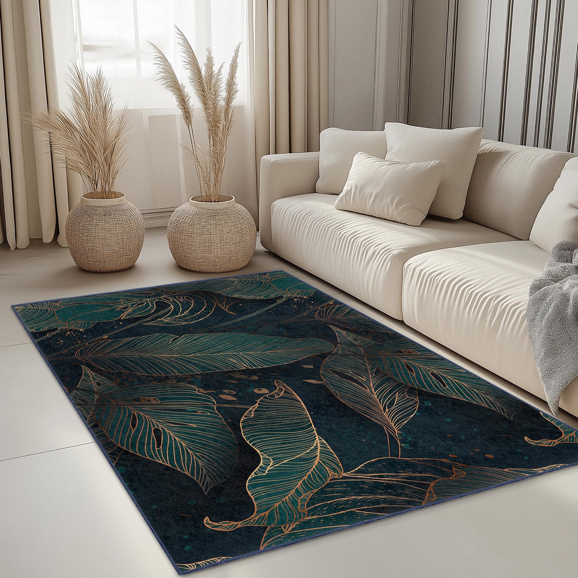 Elegant Leaf Pattern Rectangular Area Rug | Modern Living Room Decor | Soft Cotton Carpet for Home | Stylish Indoor Rug